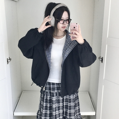 가을무드 체크 배색 루즈핏 스트링 후드 바람막이 집업 점퍼 블랙