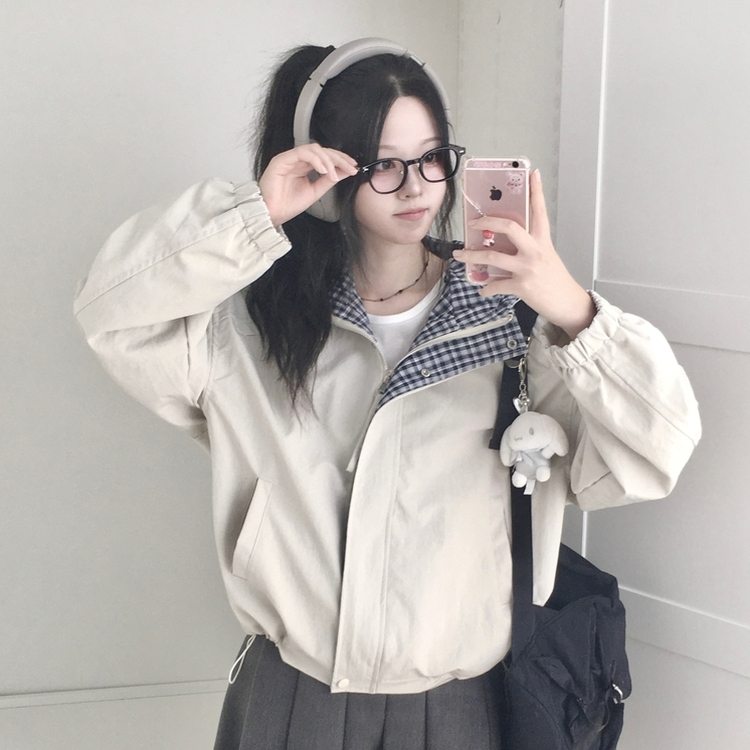 가을무드 체크 배색 루즈핏 스트링 후드 바람막이 집업 점퍼 베이지