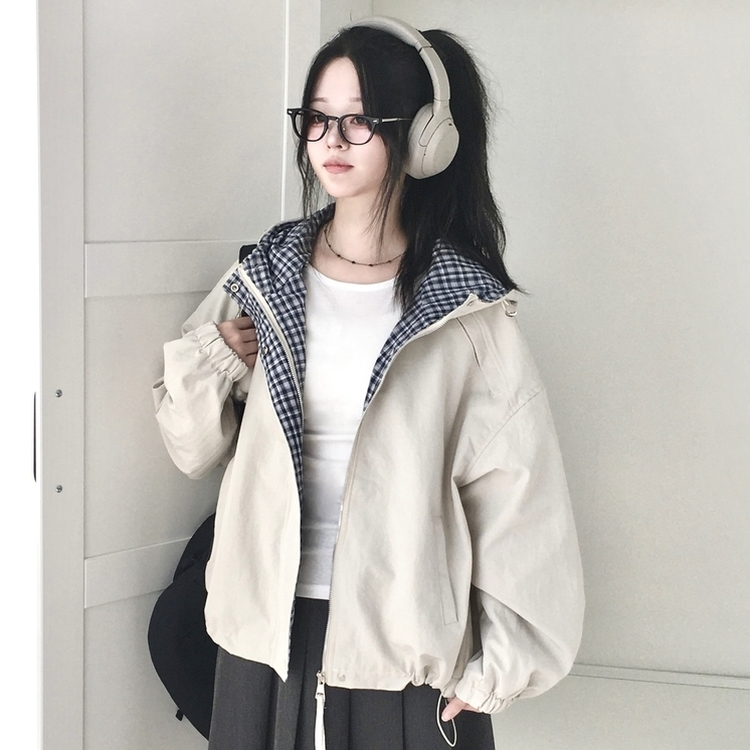 가을무드 체크 배색 루즈핏 스트링 후드 바람막이 집업 점퍼 베이지