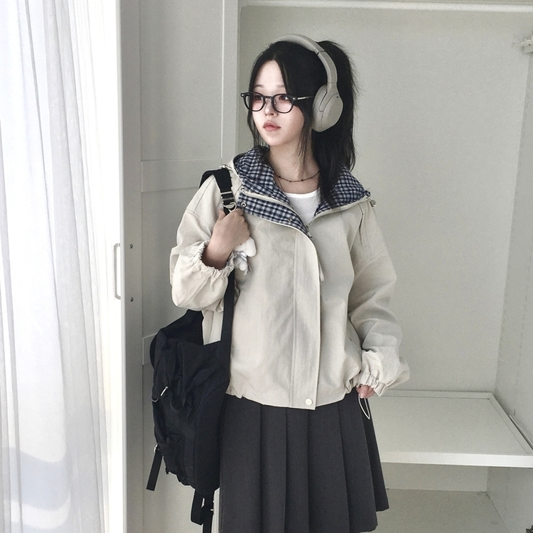 가을무드 체크 배색 루즈핏 스트링 후드 바람막이 집업 점퍼 베이지