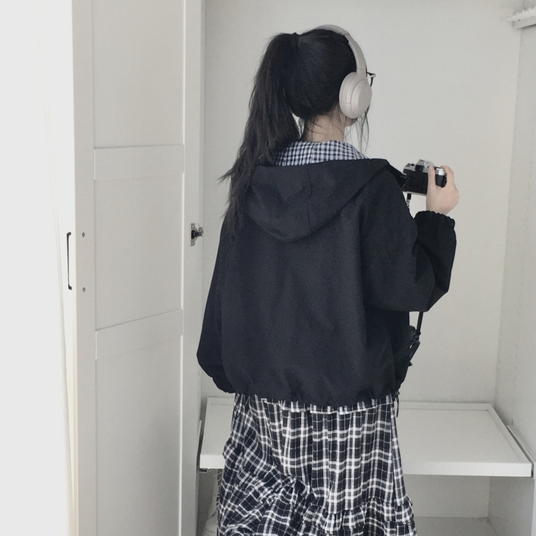 가을무드 체크 배색 루즈핏 스트링 후드 바람막이 집업 점퍼 블랙