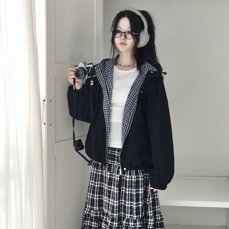 가을무드 체크 배색 루즈핏 스트링 후드 바람막이 집업 점퍼 블랙