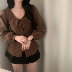 リボンシャーリングブラウス BROWN