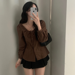 リボンシャーリングブラウス BROWN