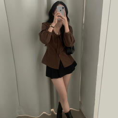 リボンシャーリングブラウス BROWN