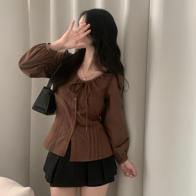 リボンシャーリングブラウス BROWN