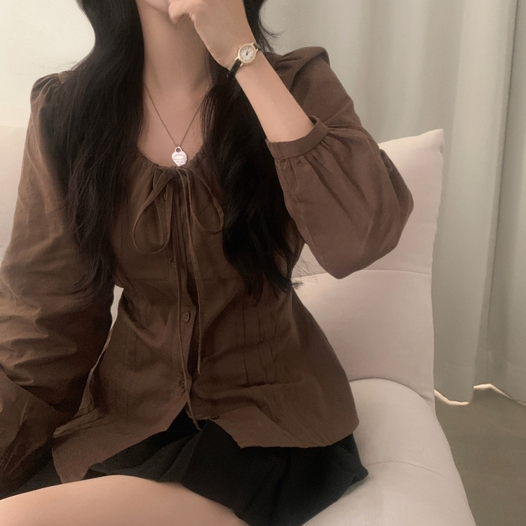 リボンシャーリングブラウス BROWN