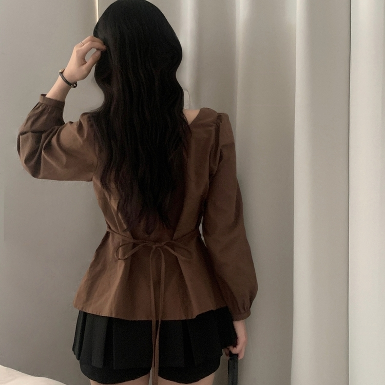 リボンシャーリングブラウス BROWN