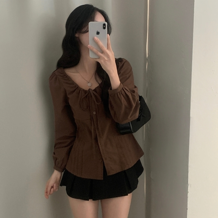 リボンシャーリングブラウス BROWN