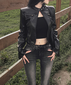 ノーカラー肩パッドレザージャケット BLACK