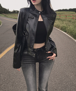 ノーカラー肩パッドレザージャケット BLACK