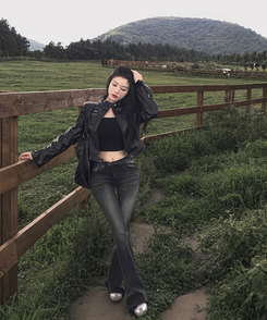 ノーカラー肩パッドレザージャケット BLACK