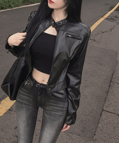 ノーカラー肩パッドレザージャケット BLACK