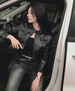 ノーカラー肩パッドレザージャケット BLACK