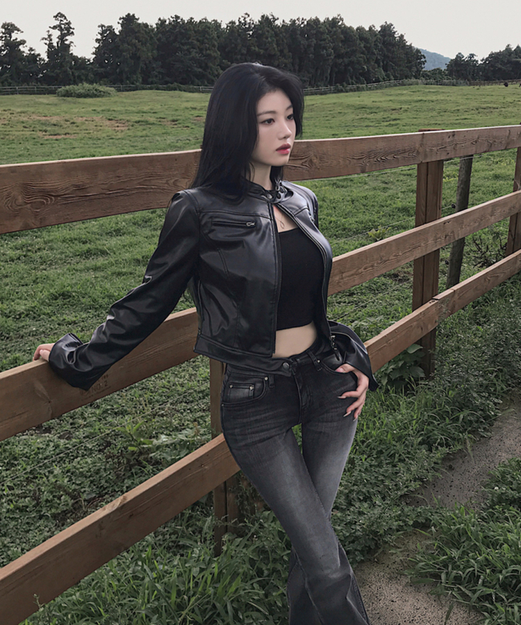 ノーカラー肩パッドレザージャケット BLACK