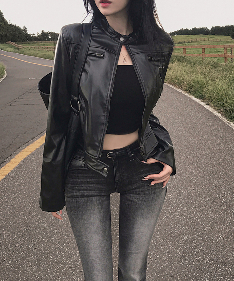 ノーカラー肩パッドレザージャケット BLACK