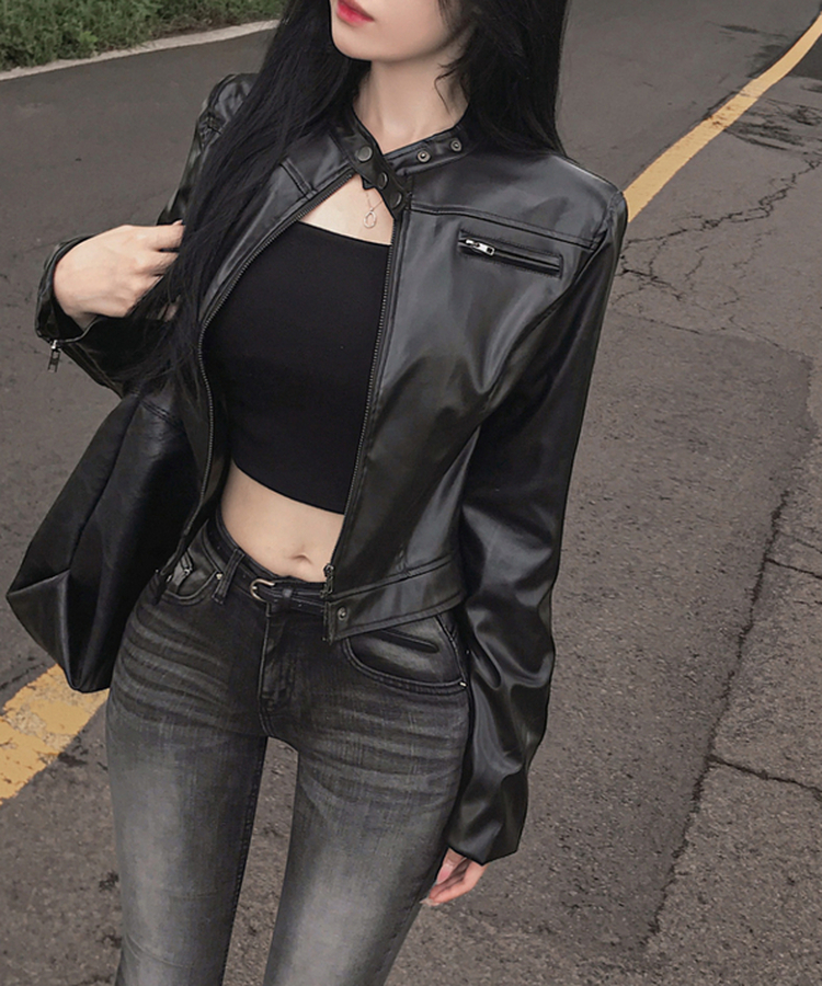 ノーカラー肩パッドレザージャケット BLACK