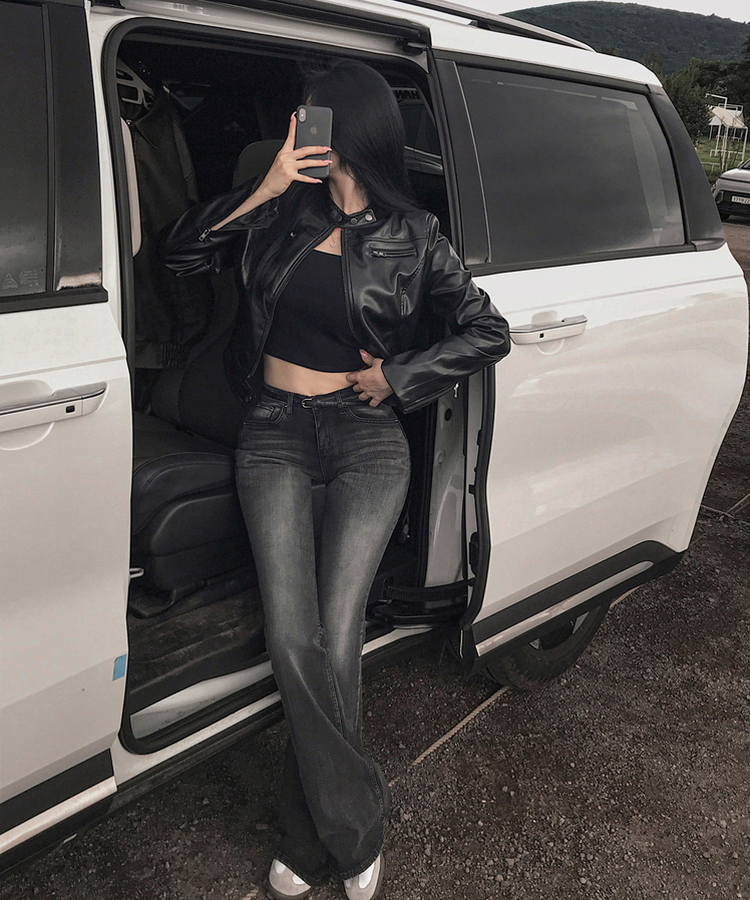 ノーカラー肩パッドレザージャケット BLACK