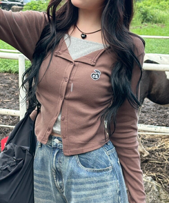 【7次再オーダー❤️MADE】ドットレイヤード風ワッペンカーディガン BROWN