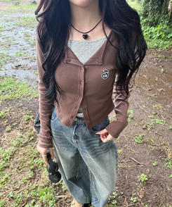 【7次再オーダー❤️MADE】ドットレイヤード風ワッペンカーディガン BROWN