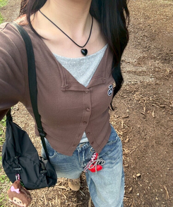 【7次再オーダー❤️MADE】ドットレイヤード風ワッペンカーディガン BROWN