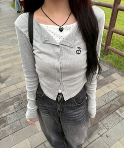 【7次再オーダー❤️MADE】ドットレイヤード風ワッペンカーディガン GRAY