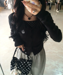 【7次再オーダー❤️MADE】ドットレイヤード風ワッペンカーディガン BLACK