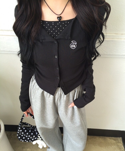 【7次再オーダー❤️MADE】ドットレイヤード風ワッペンカーディガン BLACK