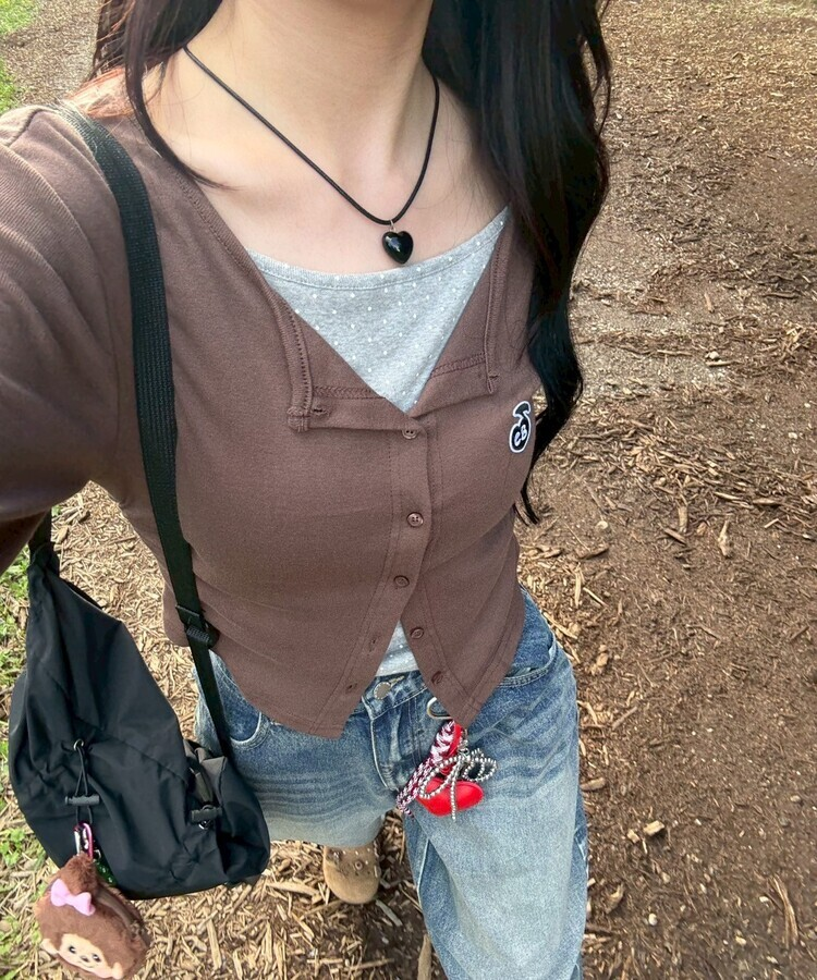 【7次再オーダー❤️MADE】ドットレイヤード風ワッペンカーディガン BROWN