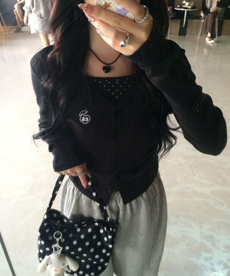 【7次再オーダー❤️MADE】ドットレイヤード風ワッペンカーディガン BLACK