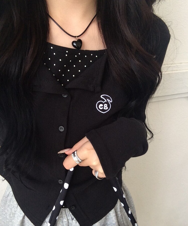 【7次再オーダー❤️MADE】ドットレイヤード風ワッペンカーディガン BLACK