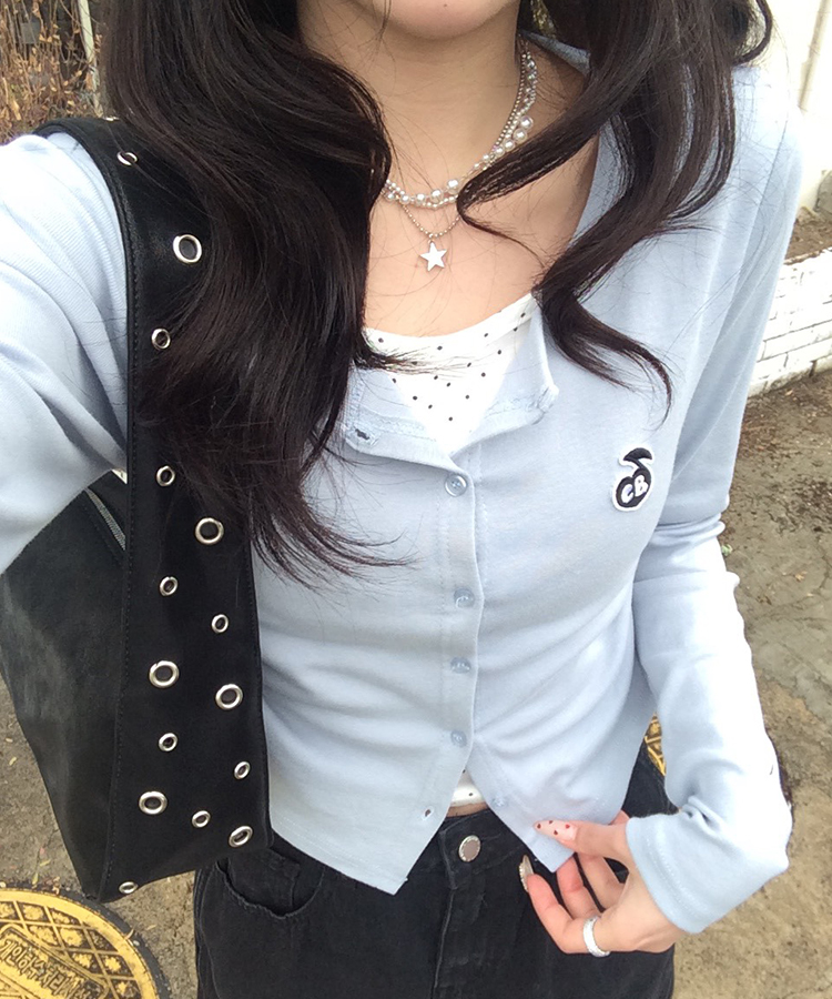 【NEWカラー❤️MADE】ドットレイヤード風ワッペンカーディガン SKY BLUE