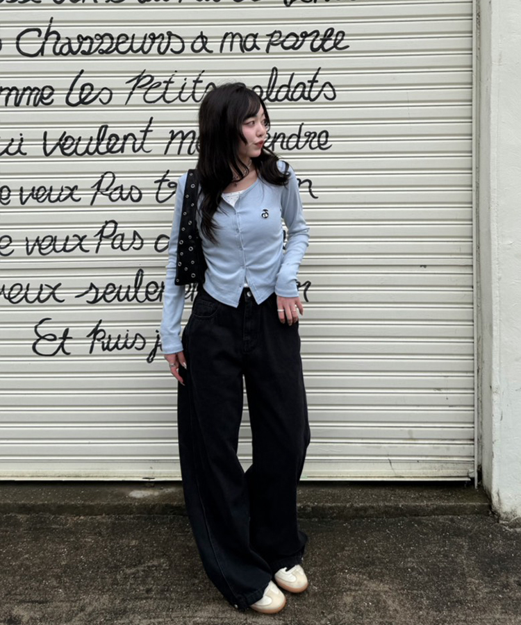 【NEWカラー❤️MADE】ドットレイヤード風ワッペンカーディガン SKY BLUE