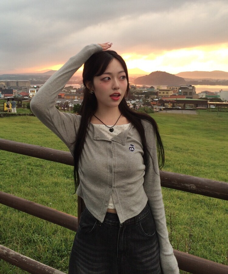 【NEWカラー❤️MADE】ドットレイヤード風ワッペンカーディガン GRAY