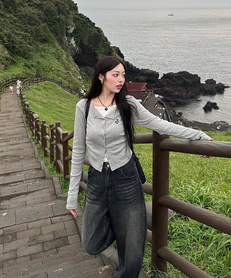 【NEWカラー❤️MADE】ドットレイヤード風ワッペンカーディガン GRAY