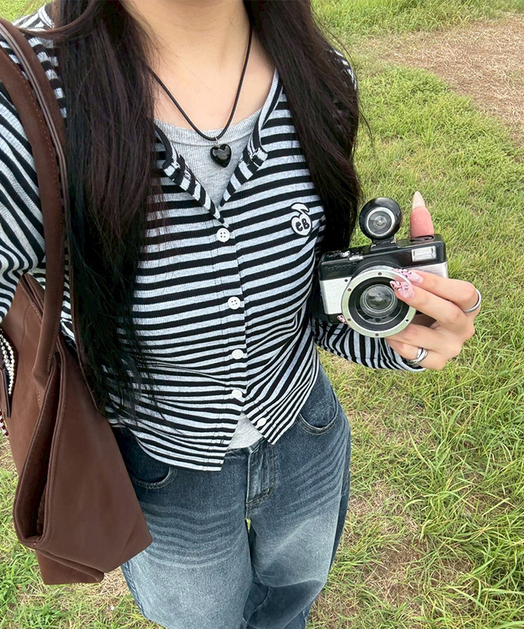 【1次完売❤️限定販売】ストライプレイヤード風ワッペンカーディガン GRAY