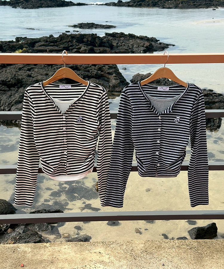 【1次完売❤️限定販売】ストライプレイヤード風ワッペンカーディガン IVORY