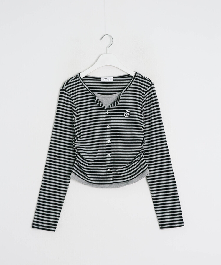 【1次完売❤️限定販売】ストライプレイヤード風ワッペンカーディガン