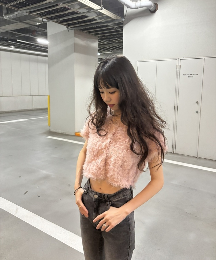 クロップ丈ファーカーディガン PINK