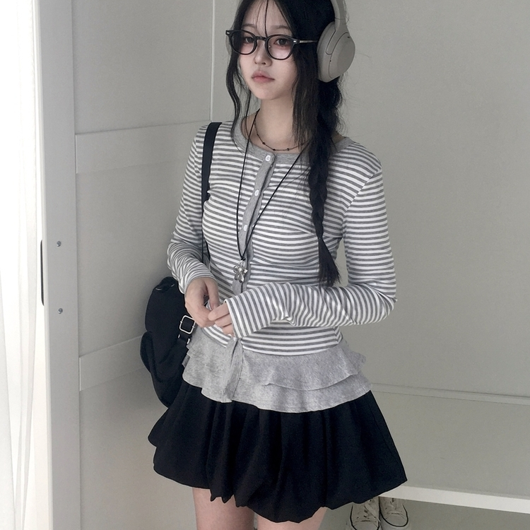 단가라 스트라이프 프릴 레이어드 긴팔가디건