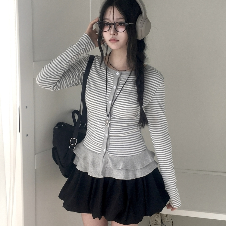 단가라 스트라이프 프릴 레이어드 긴팔가디건