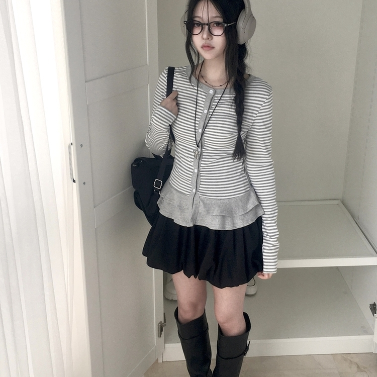 단가라 스트라이프 프릴 레이어드 긴팔가디건