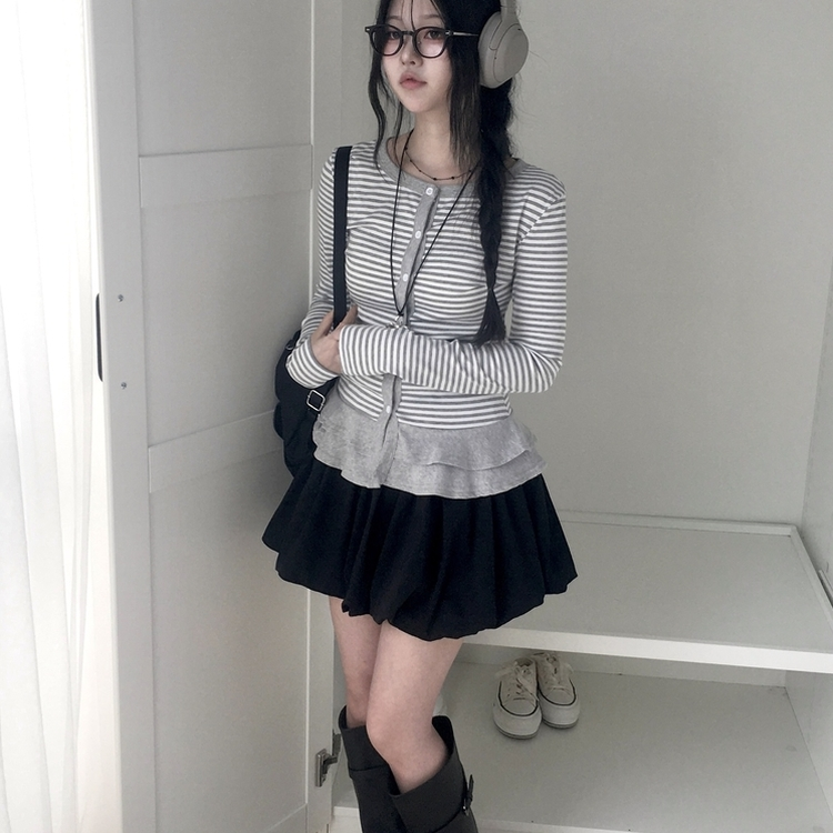 단가라 스트라이프 프릴 레이어드 긴팔가디건