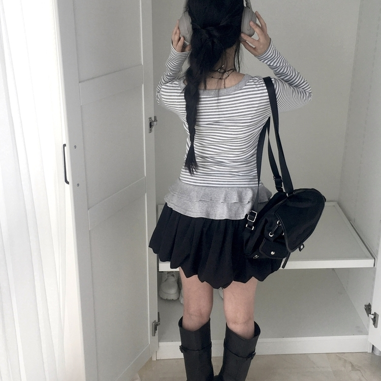 단가라 스트라이프 프릴 레이어드 긴팔가디건