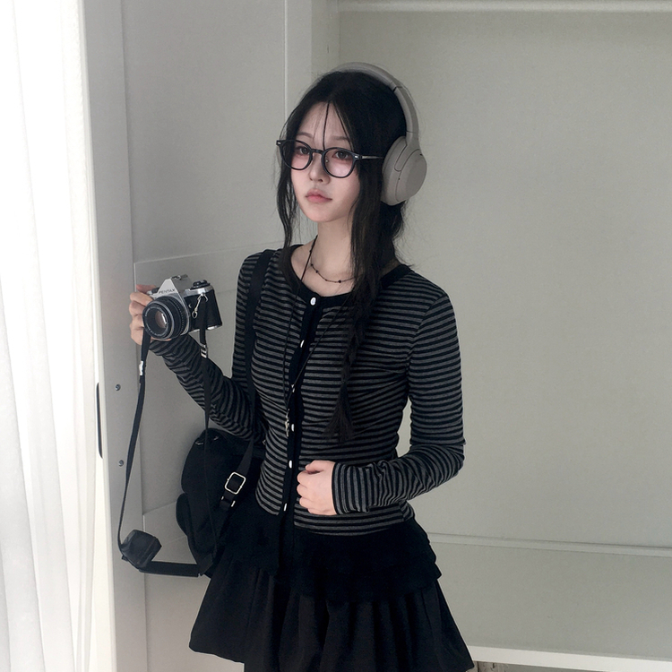 단가라 스트라이프 프릴 레이어드 긴팔가디건