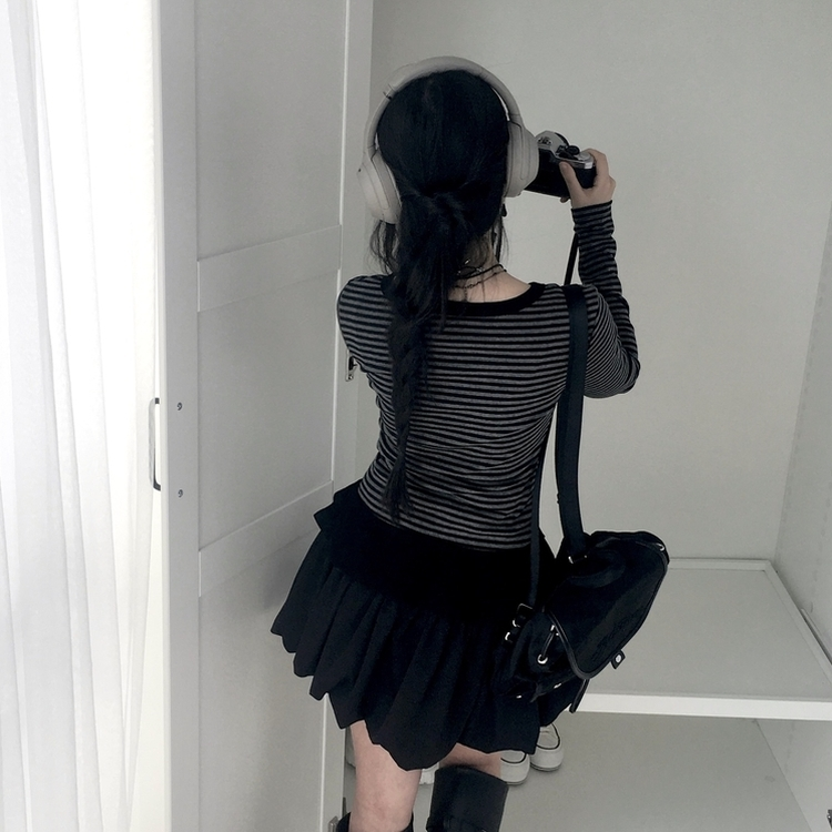 단가라 스트라이프 프릴 레이어드 긴팔가디건