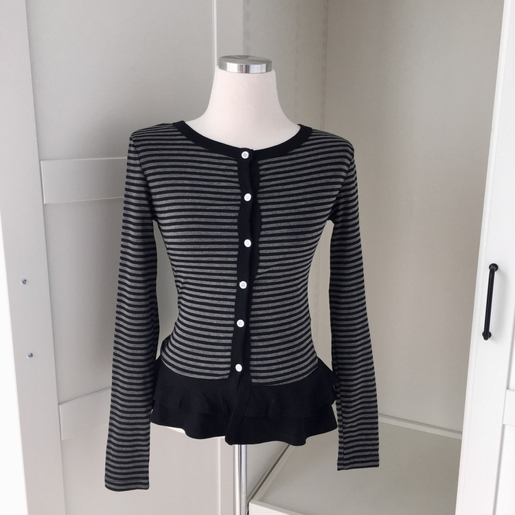 단가라 스트라이프 프릴 레이어드 긴팔가디건