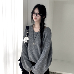 포근 브이넥 아방 벌룬소매 보카시 니트 가을 겨울 데일리 그레이