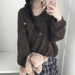 포근 브이넥 아방 벌룬소매 보카시 니트 가을 겨울 데일리 밤색