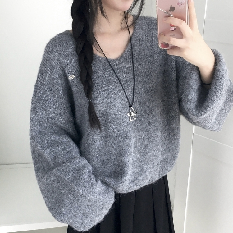 포근 브이넥 아방 벌룬소매 보카시 니트 가을 겨울 데일리 그레이